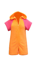Girls Bright Coral/ Fuchsia Color Block Hooded Plush Romper